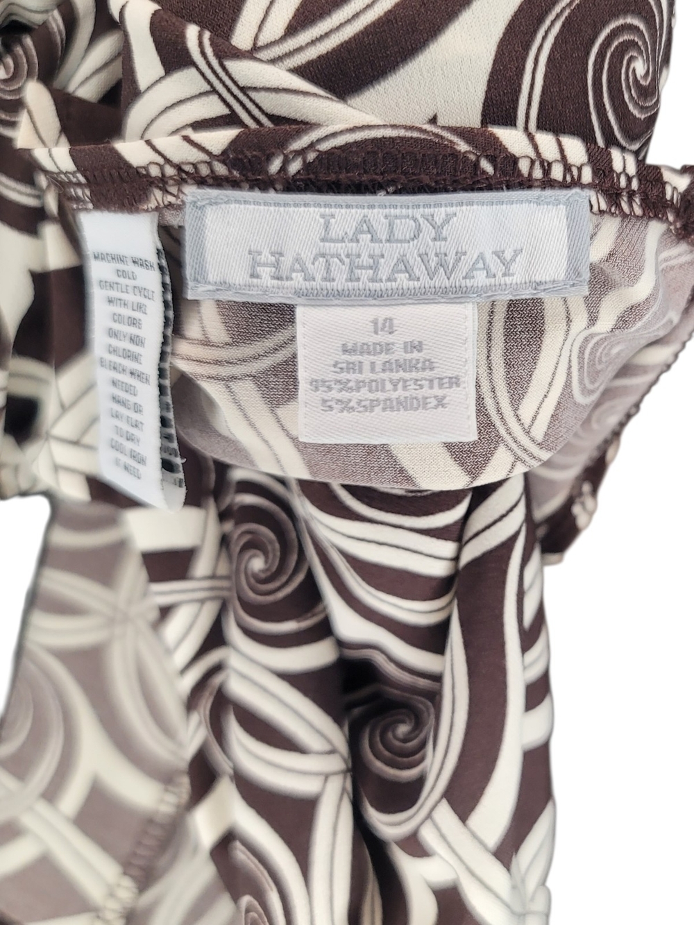 LADY HATHAWAY - Size 14 Patterned Brown and Cream Twist-Front Midi Dress - Picture 5 of 8